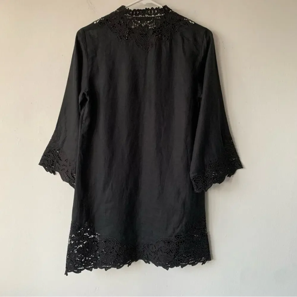 NWT Doen Roselie Linen Lace Crochet Collar 3/4 Sleeve Tunic Mini Dress Black - Picture 13 of 16